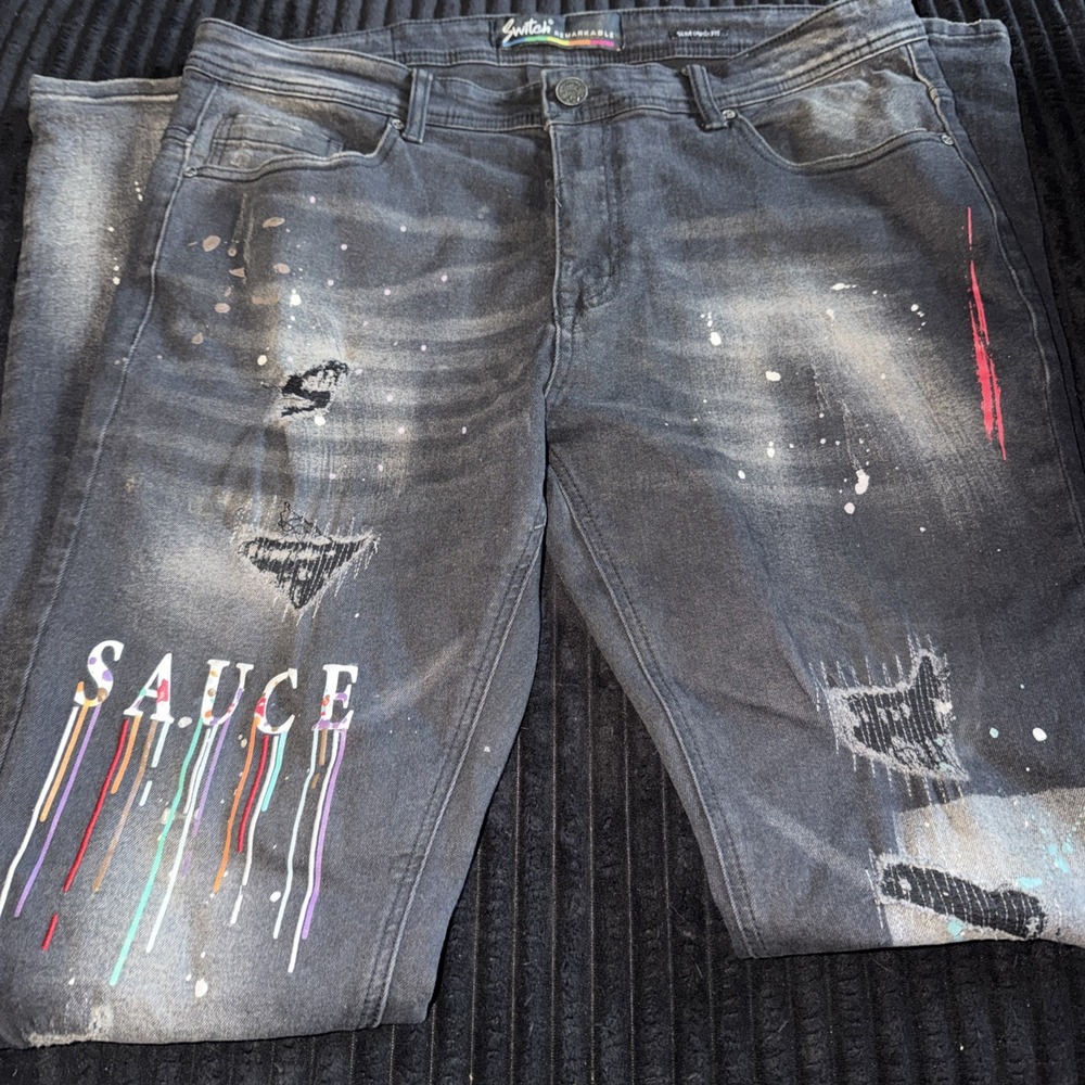 Switch Remarkable Mens Sauce Graphic Distressed Slim Taper Jeans Black 36x34